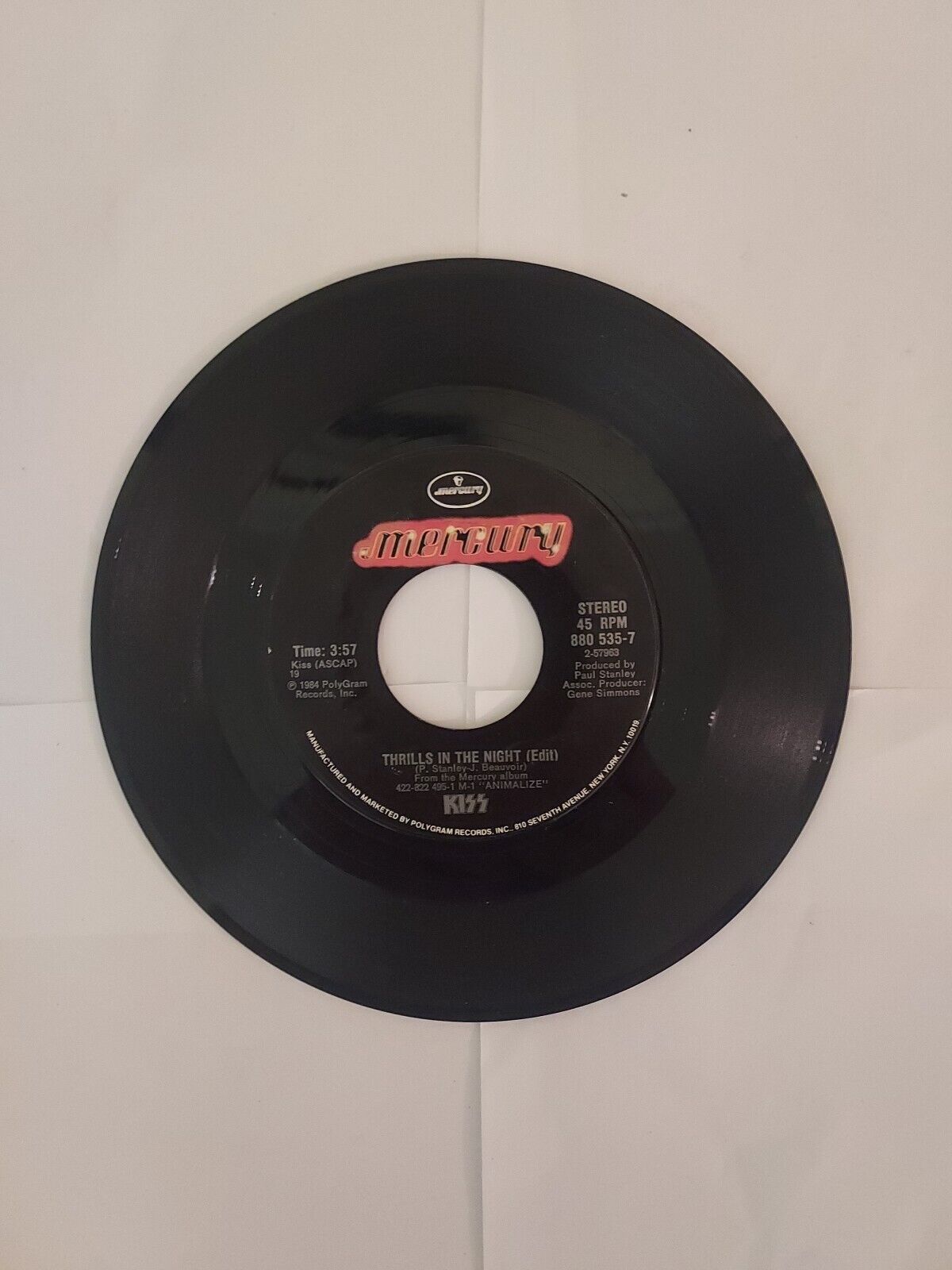 45 RPM Vinyl Record Kiss Thrills in the Night VG