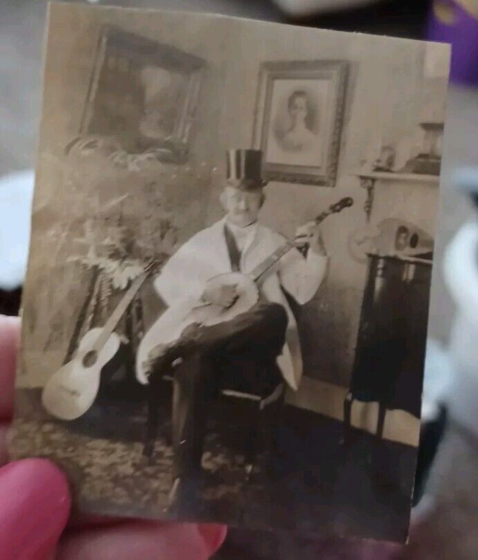 Original Antique Photo 1905 Tophat Banjo Player Guitar Interior Scene Beautiful
