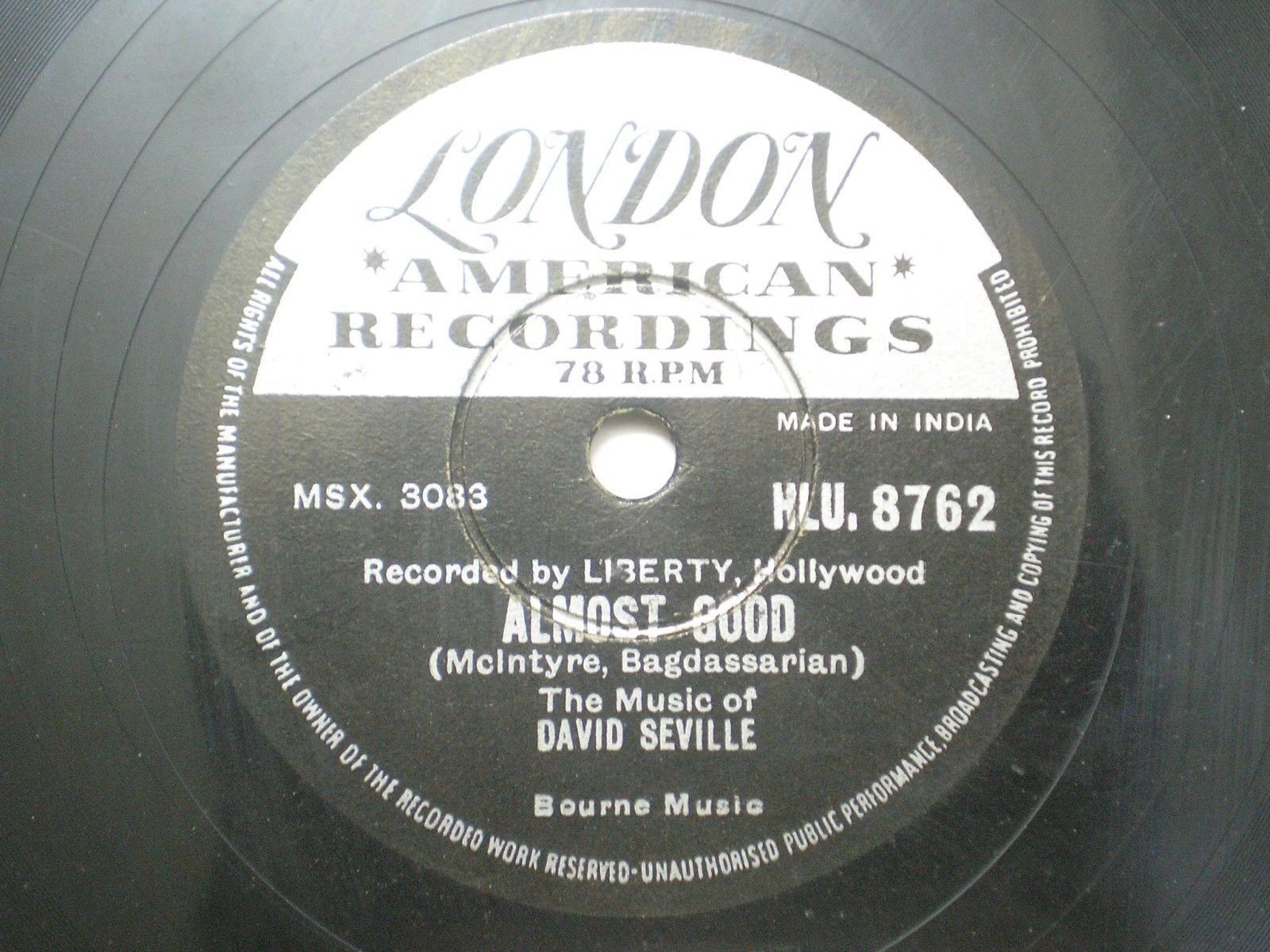 THE CHIPMUNKS HLU 8762 DAVID SEVILLE INDIA RARE 78 RPM RECORD 10