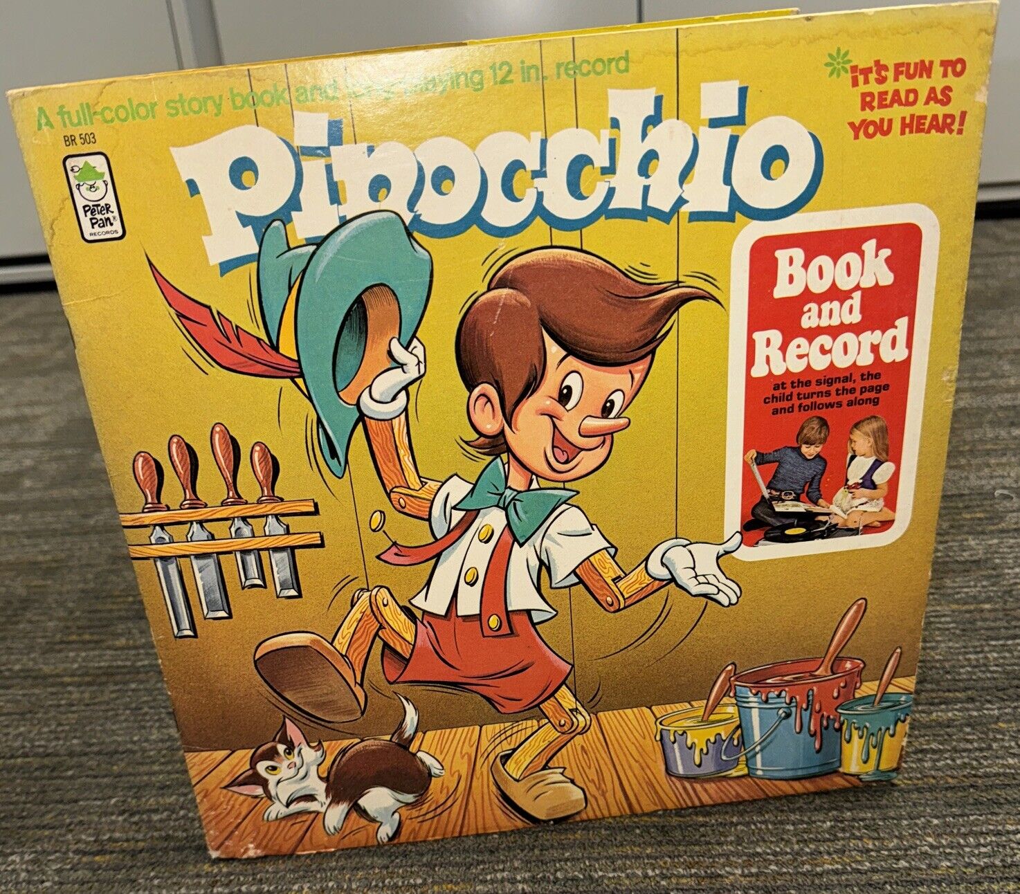 vintage Pinocchio Full Color Story book and 1971 Vinyl 12” Record
