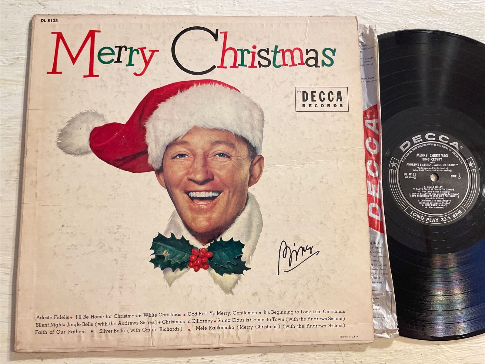 Bing Crosby Merry Christmas LP Decca 1st Black Mono + RARE Inner Holiday VG+
