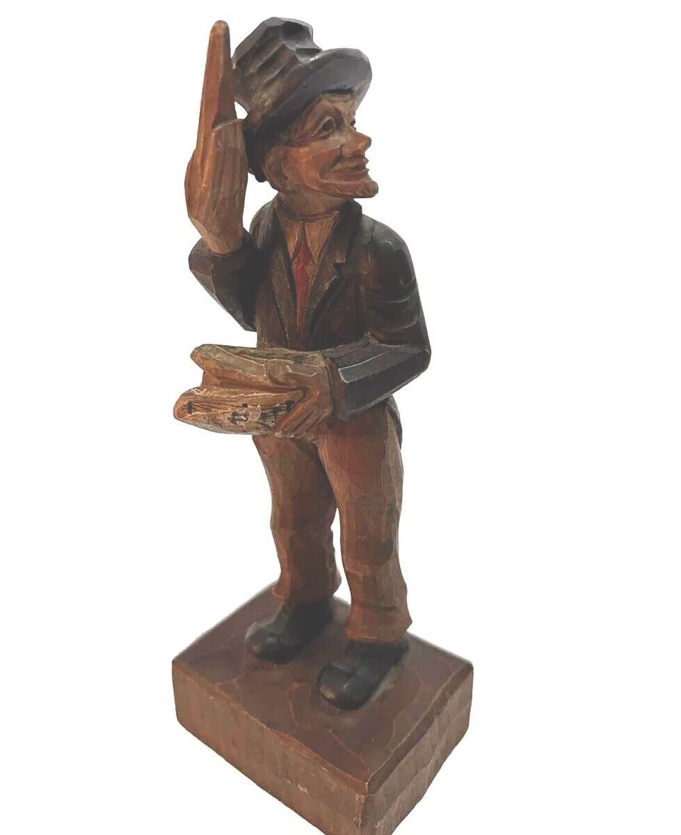 Wood Carving  Man Hat Music Hand painted 7.5 Inches Folk Art Vintage