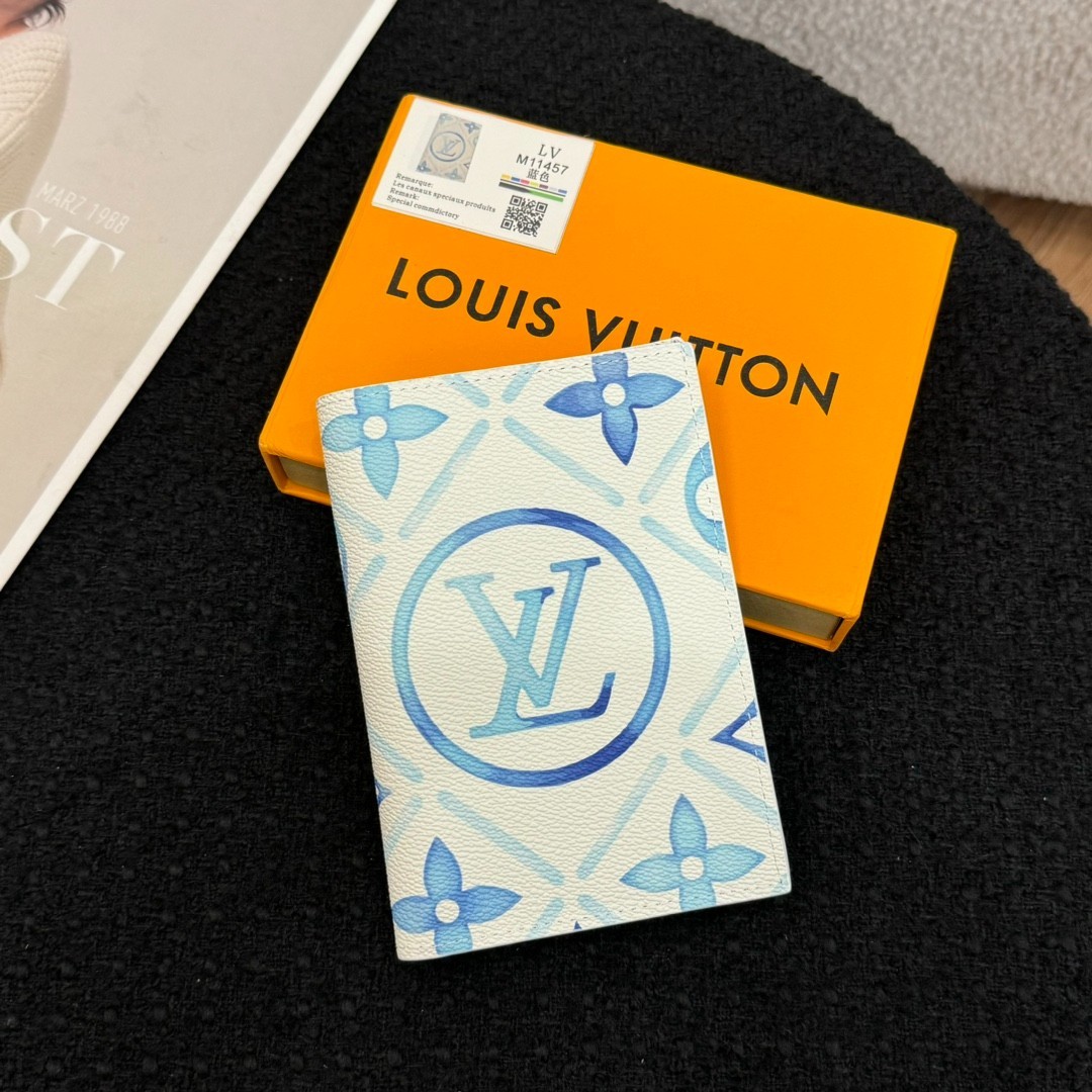 Louis Monogram Tile Print Blue Passport Wallet Card Holder Leather New