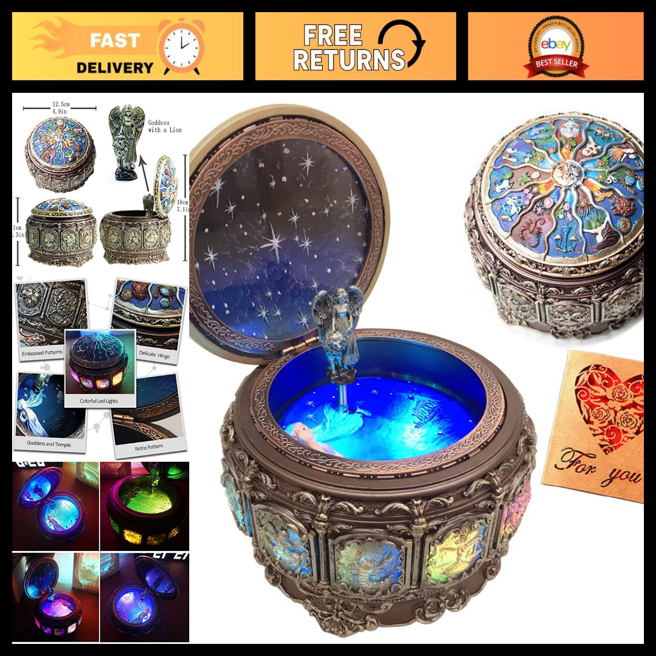 Vintage Music Box with Constellations & LED Lights, Twinkling Zodiac Gift, 18-No