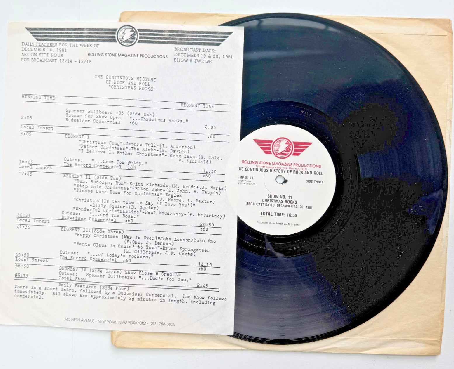 1981 Rolling Stone Christmas Rocks Radio Show LP Springsteen Lennon Cue Sheet