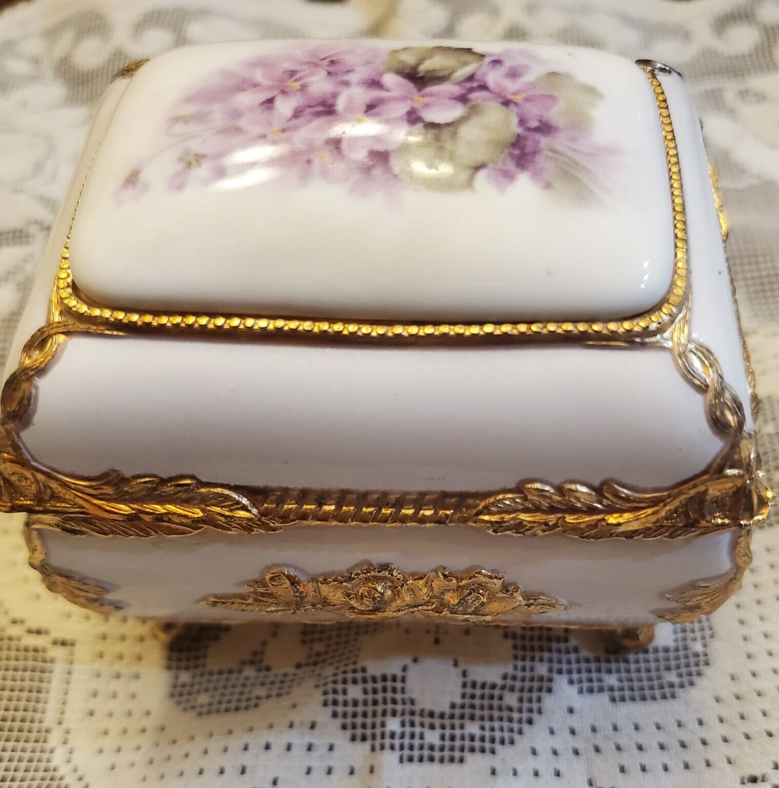 🔥Vintage MELE Porcelain Musical Trinket Box Japan Purple Floral Ornate GoldTrim