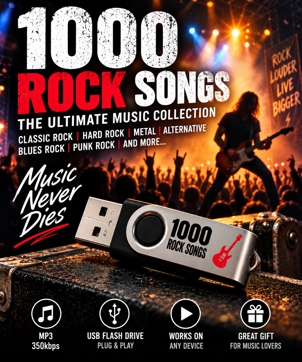 1000 Rock Songs USB Flash Drive MP3 350kbps Classic Hard Rock Music Collection