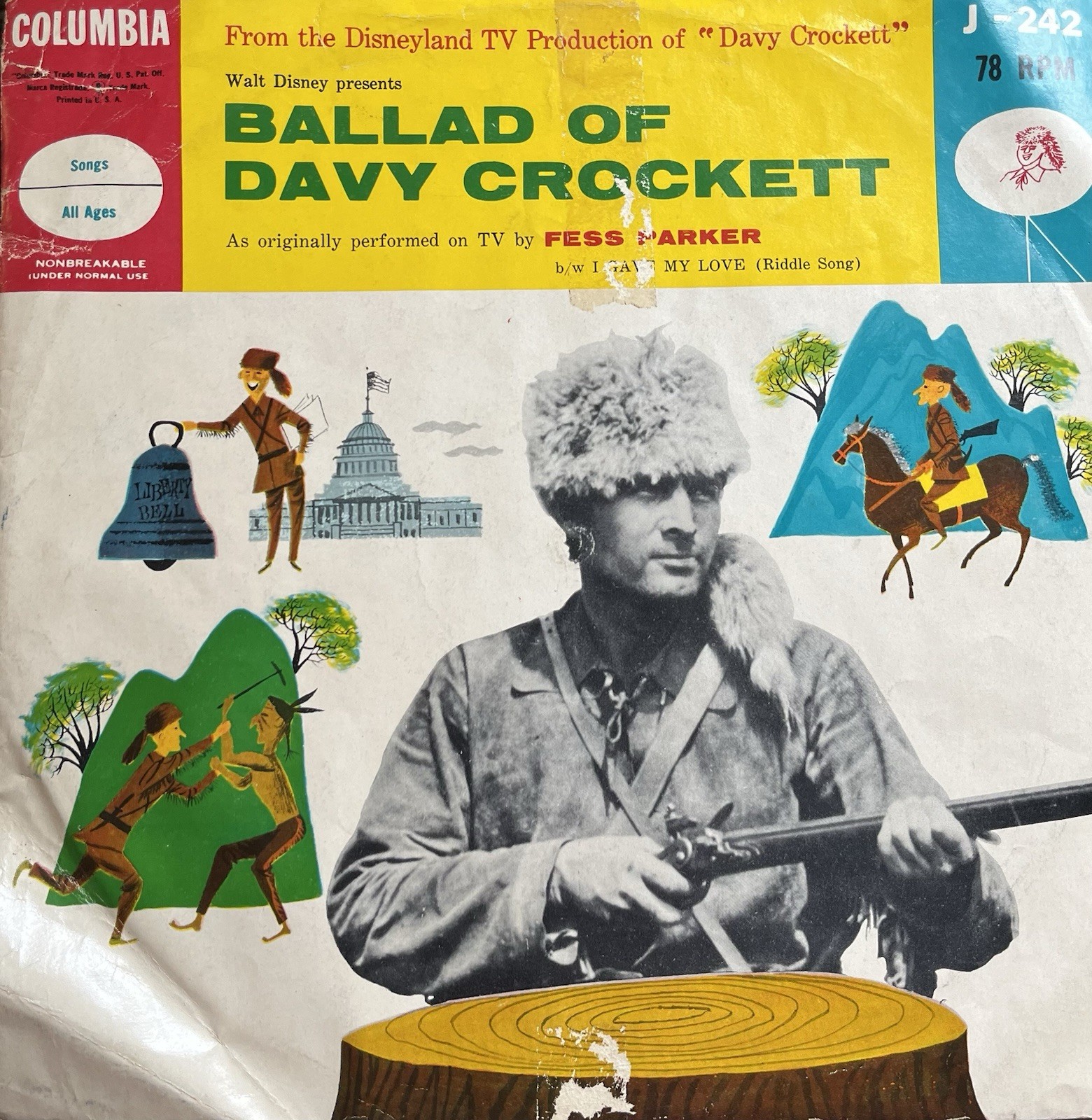 Fess Parker 1955 Walt Disney Presents Ballad Of Davy Crockett 10” 78 RPM Vinyl
