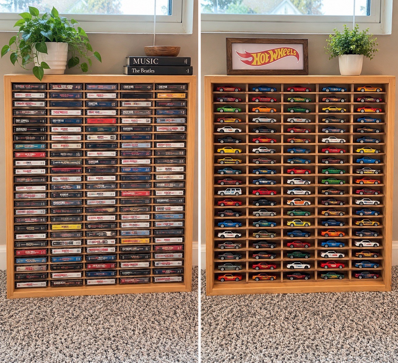 Vintage Wooden 100 Slot Cassette Tape Storage Rack Wall Display Organizer