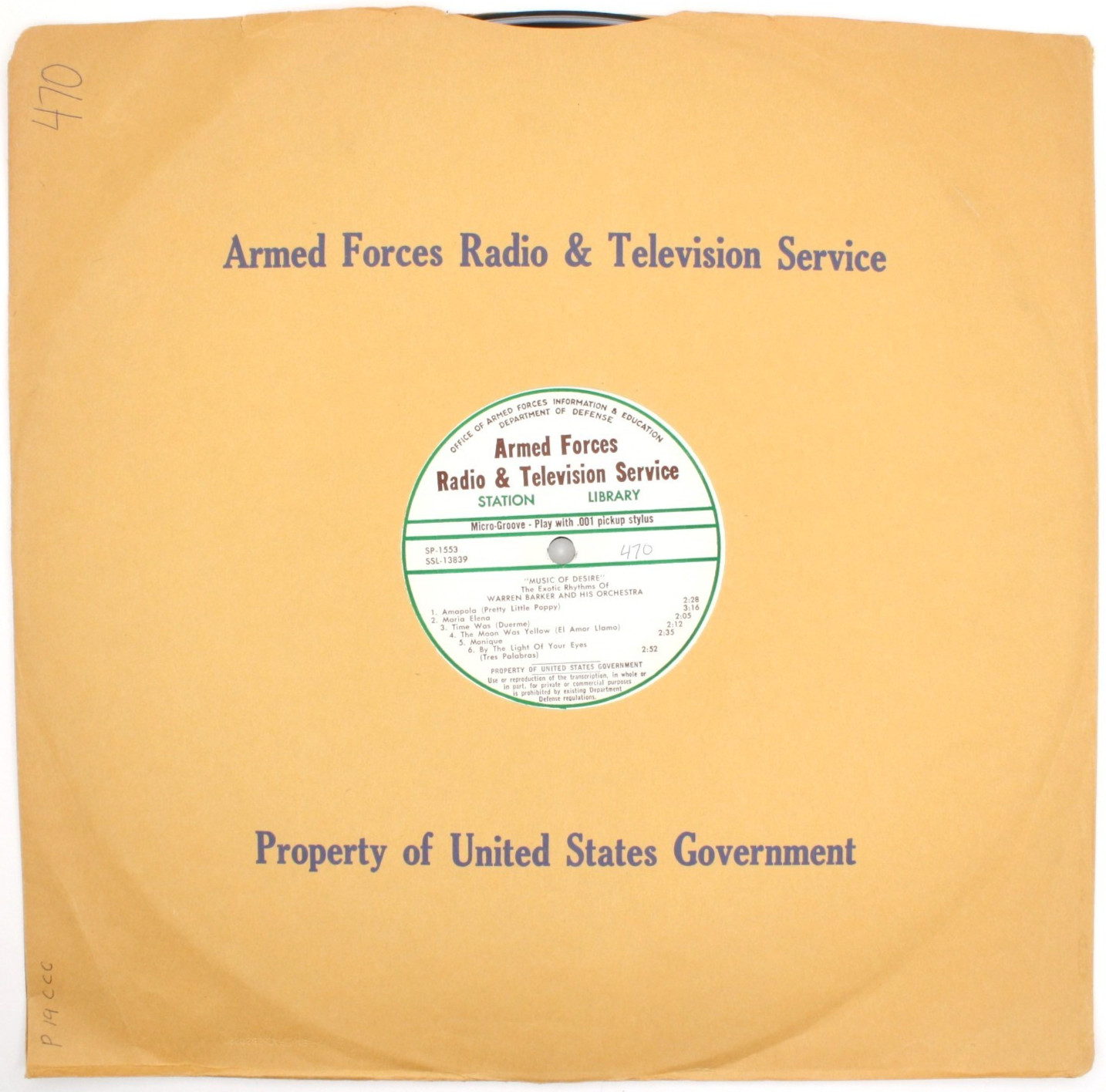1961 AFRTS Warren Barker Music of Desire Armed Forces Transcription SP‑1553