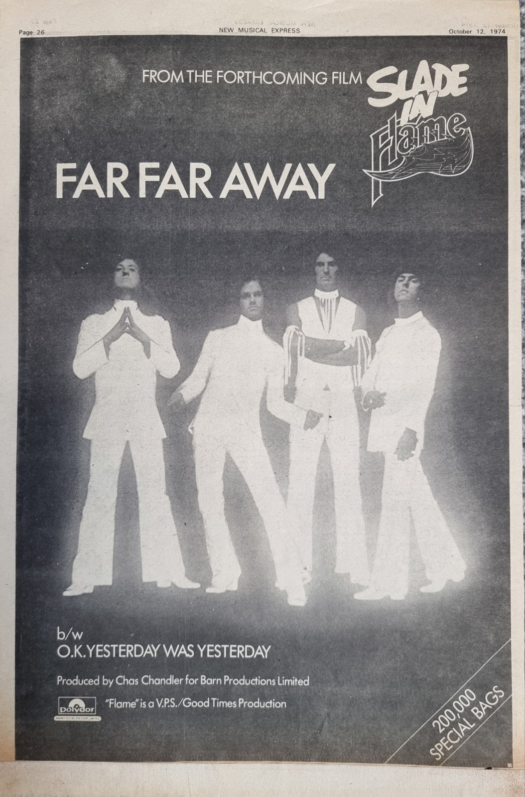 SLADE--FAR FAR AWAY--SLADE IN FLAME--ORIGINAL-NME-Oct 1974- 17 x11 +VAN MORRISON