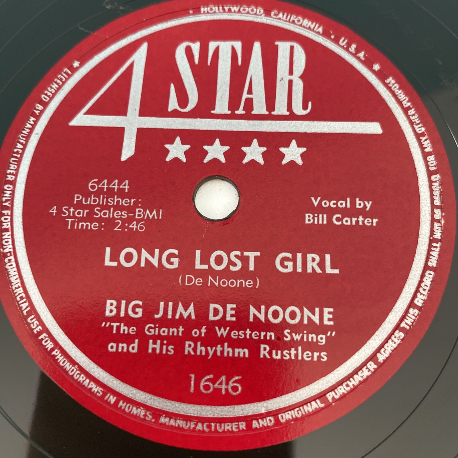 1951 JAZZ Big Jim De Noone 78 rpm 4STAR 1646 LONG LOST GIRL Western Swing E