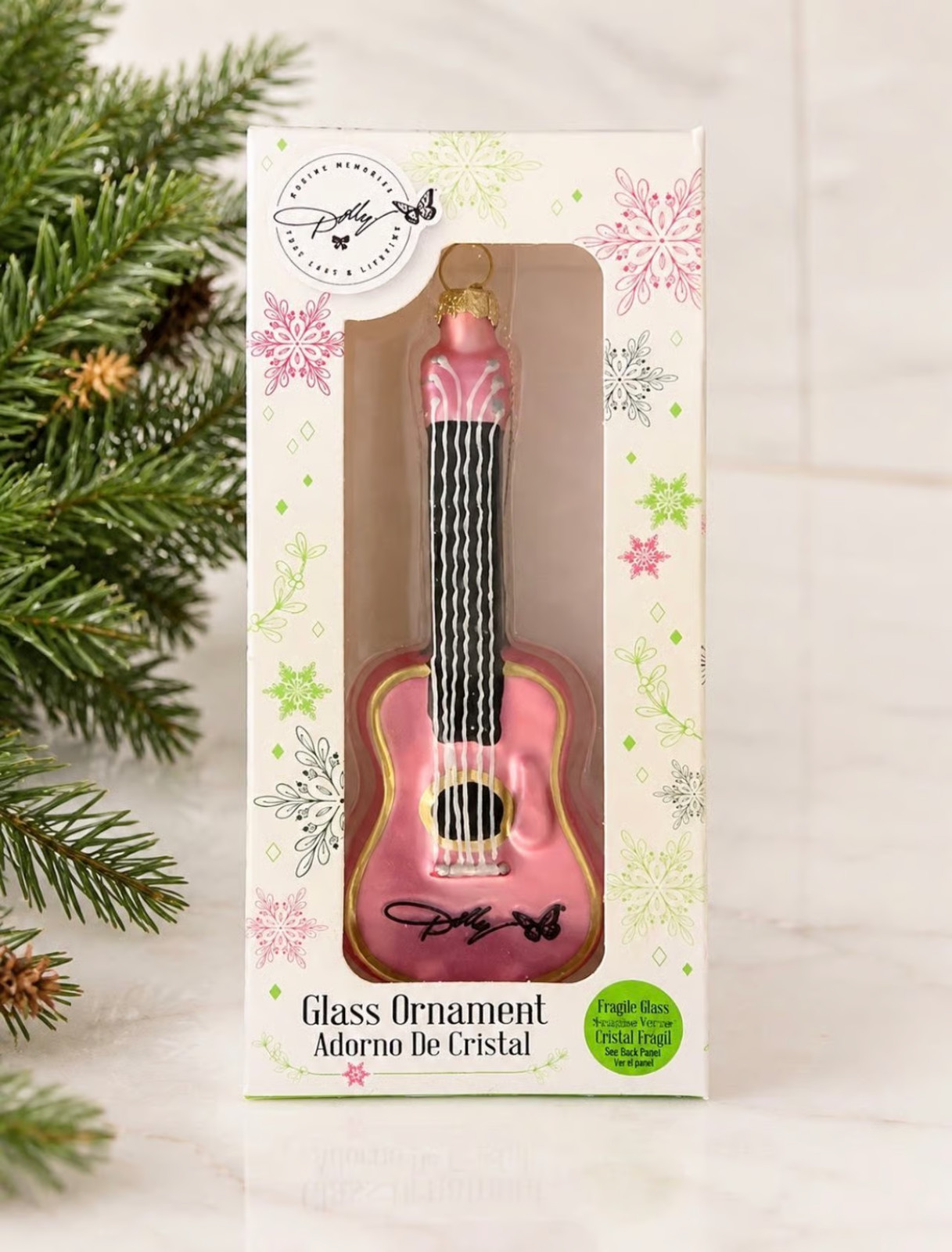 Dolly Parton Pink Guitar Glass Christmas Ornament NEW IN BOX
