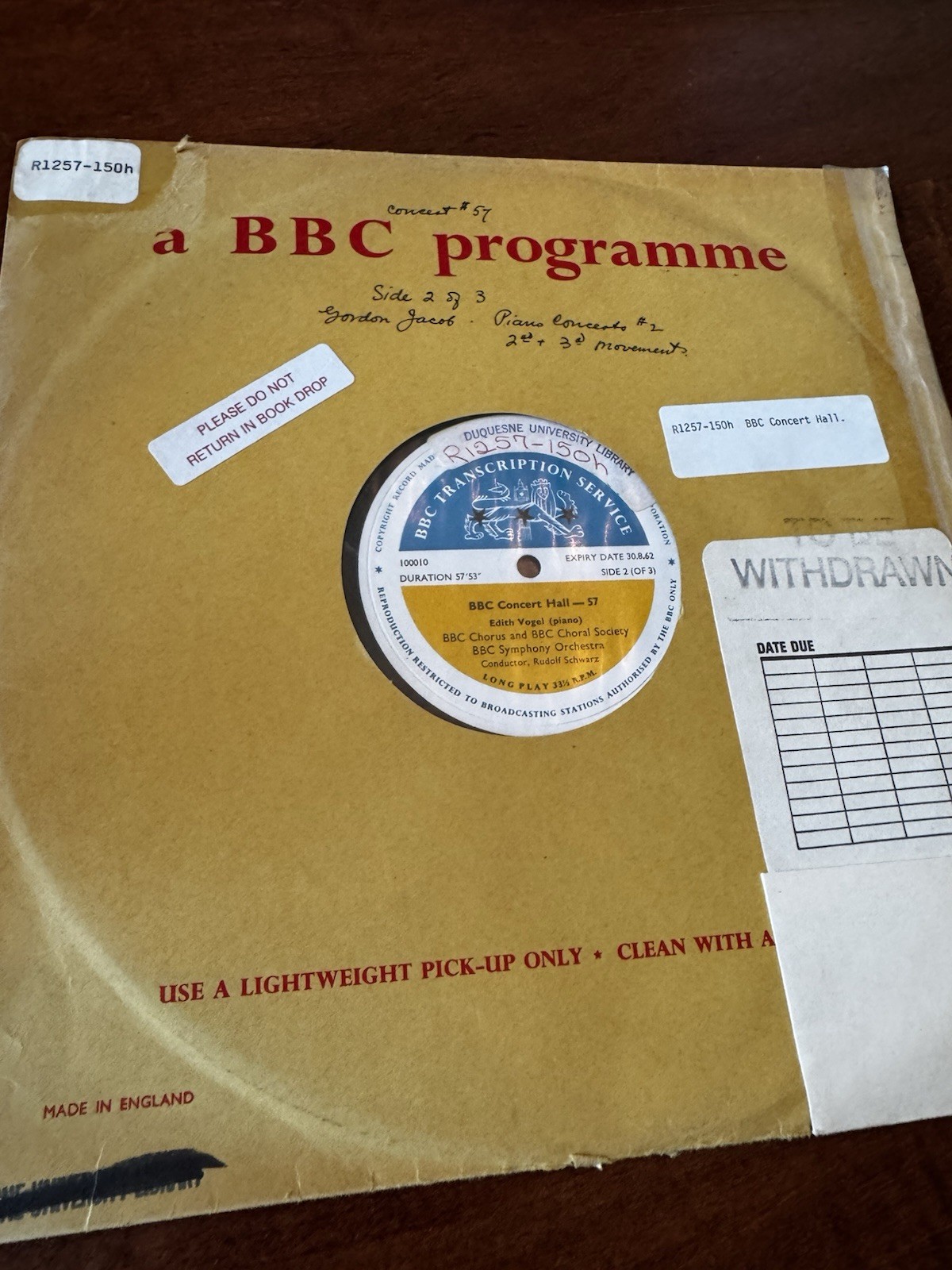 Music RARE BBC TRANSCRIPTION BBC Concert Hall Edith Vogel Piano 1 Side