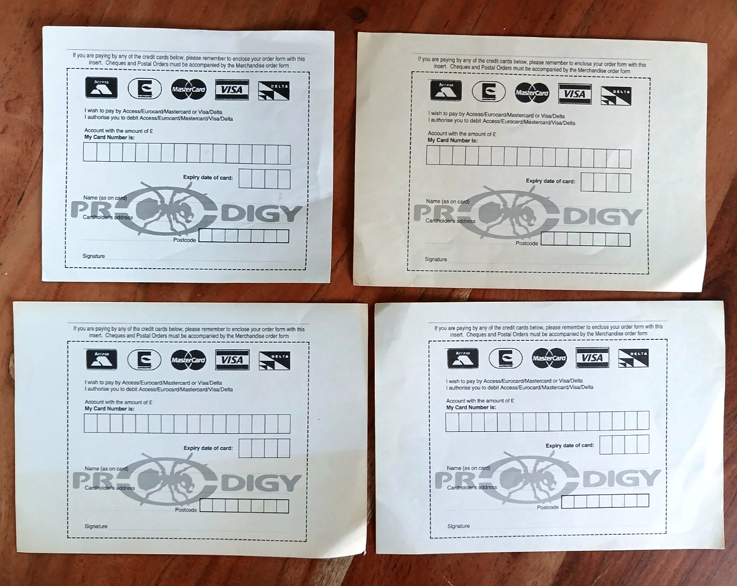 The Prodigy Vintage Early Shop Payment Method Order Forms X4