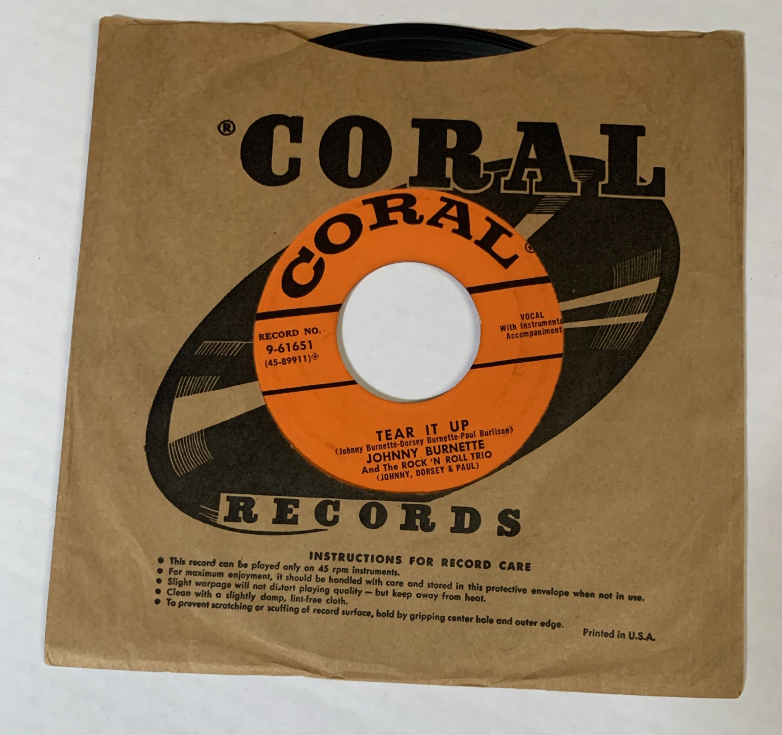 JOHNNY BURNETTE AND THE ROCK 'N' ROLL TRIO Tear It Up 1956 CORAL 45 ROCKABILLY