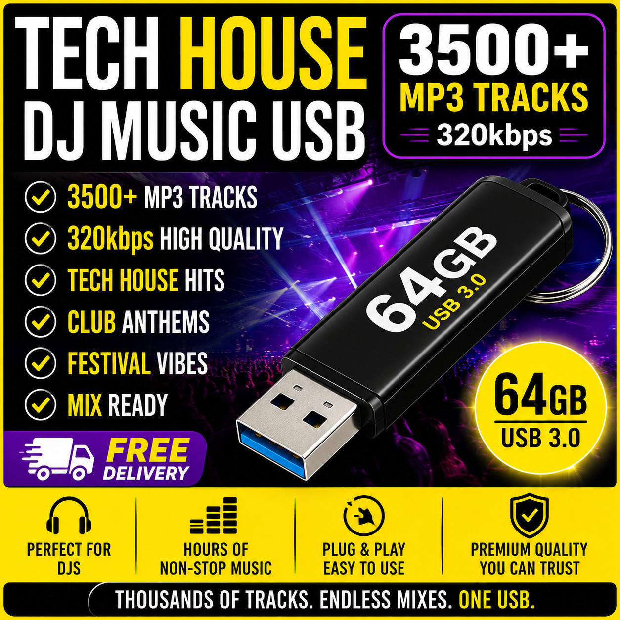 TECH HOUSE DJ MUSIC USB 64GB | 3500+ MP3 TRACKS | 320kbps | USB 3.2 | UNMIXED