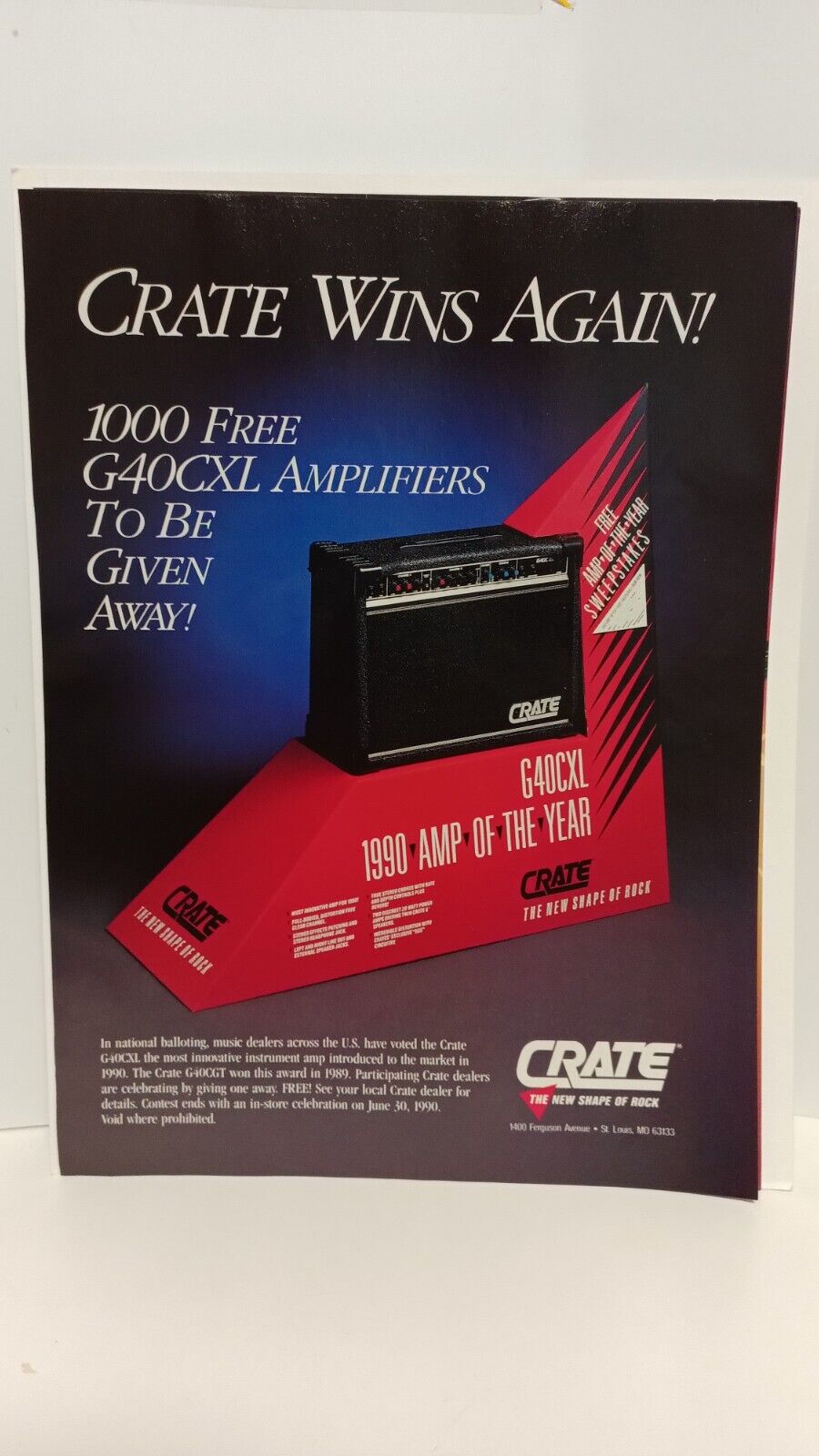 CRATE GUITAR AMPLIFIERS G40CXL  - AMP OF THE YEAR  1990    11X8 - PRINT AD. n1