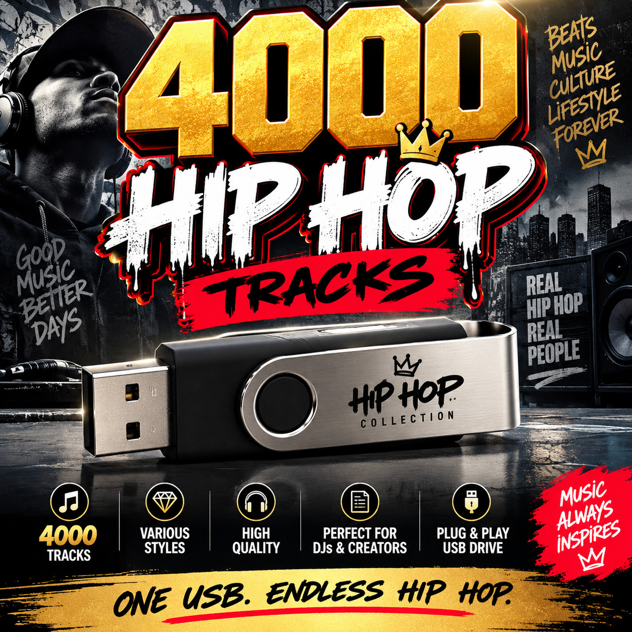 4000 Hip Hop Tracks USB Drive – Massive Beats & Music Collection