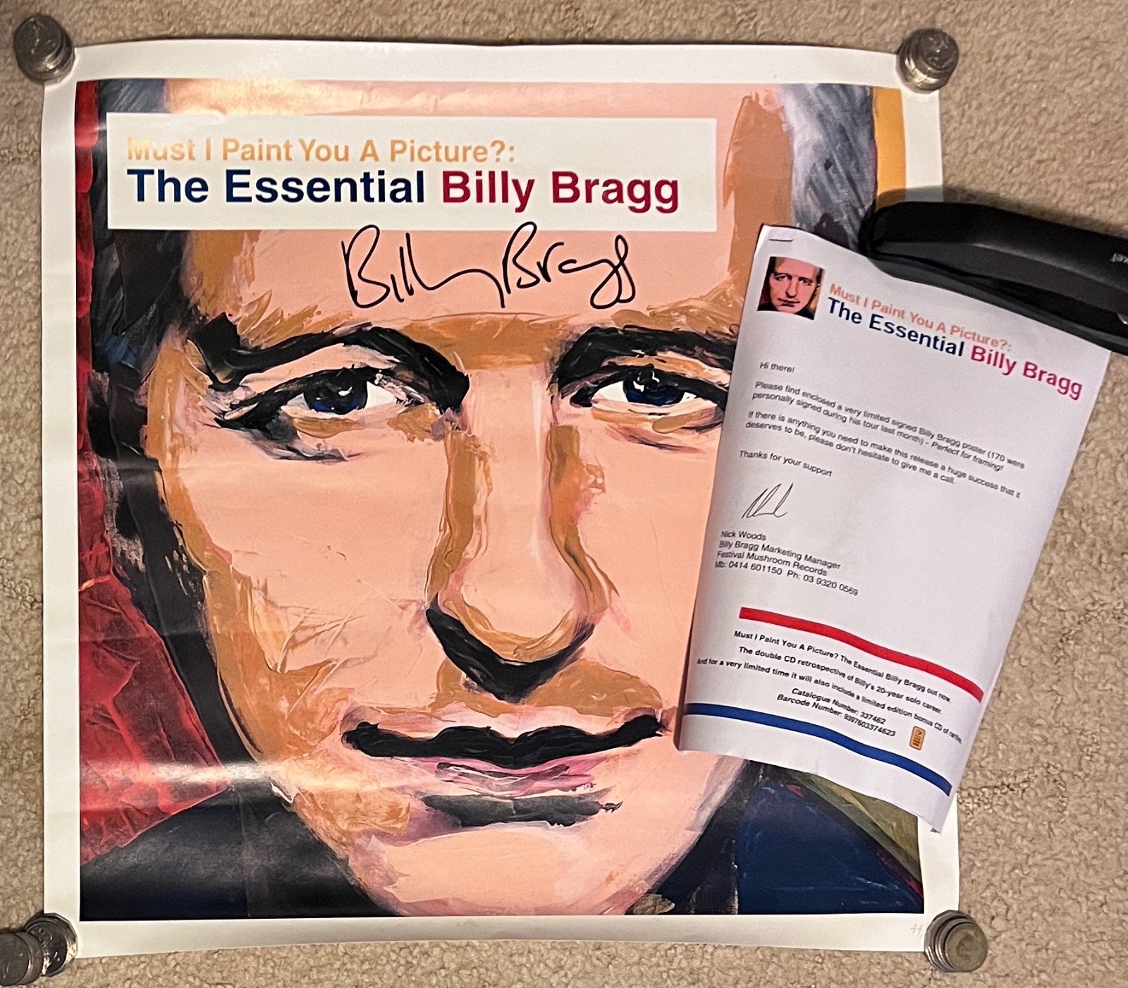 BILLY BRAGG Signed Limited Poster #44/170 + Official Record Promo Letter