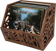 Vinyl Record Storage 60+ Lps Holder Wooden Crate Display Chestnut Finish picture