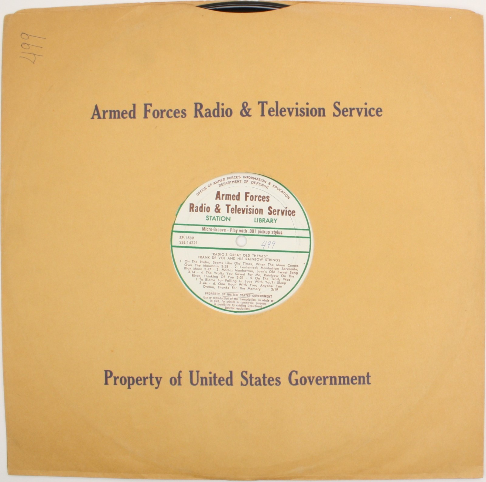 1961 AFRTS Frank De Vol Rainbow Strings Radios Great Old Theme Armed Forces LP