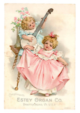 c.1890 Estey Organ Trade Card Pink Blue Dress Banjo Dancing Children Brattleboro picture