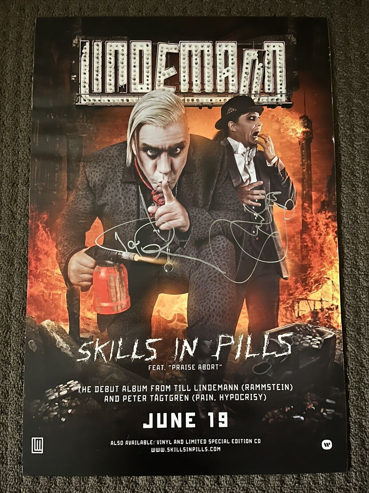 Till Lindemann & Peter Tagtgren AUTOGRAPHED poster Skills In Pills RAMMSTEIN  🔥