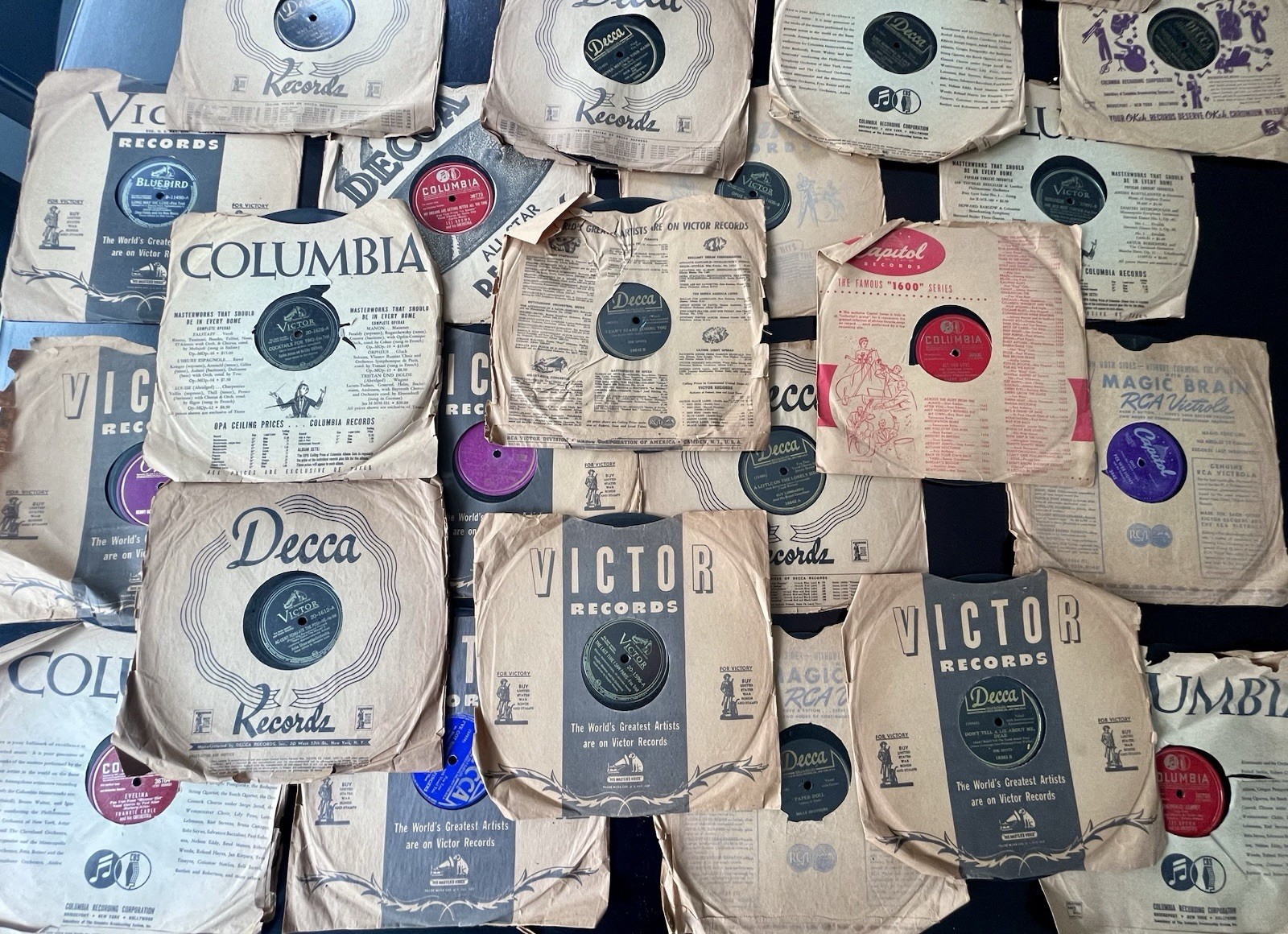 78 RPM Records Decca, Columbua, Okeh, Capitol, Victor, Blueburd Vinyl Lot of 25