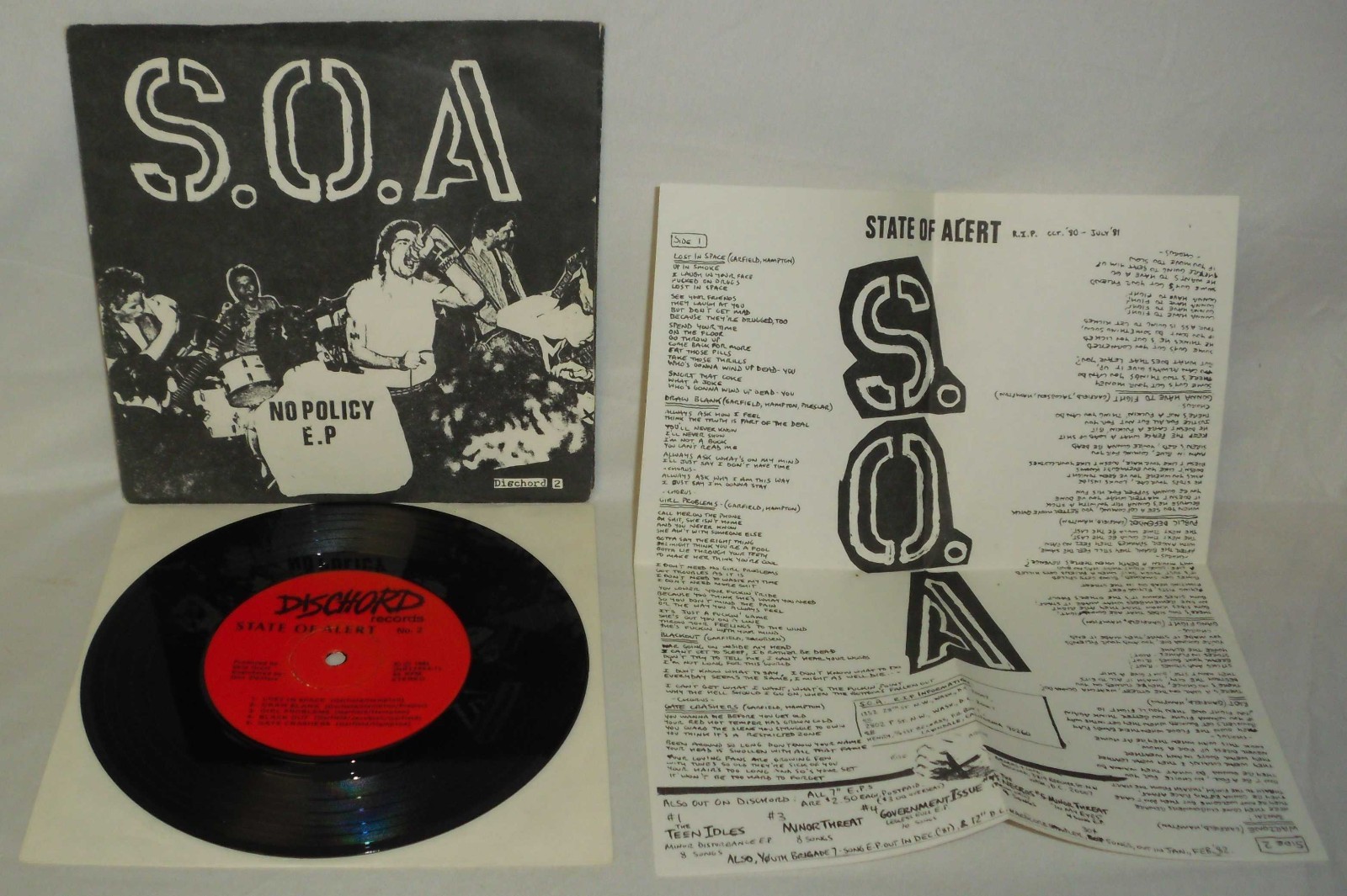 S.O.A. No Policy DISCHORD OG 1981 RARE PUNK 45 EX / EX w/ Insert
