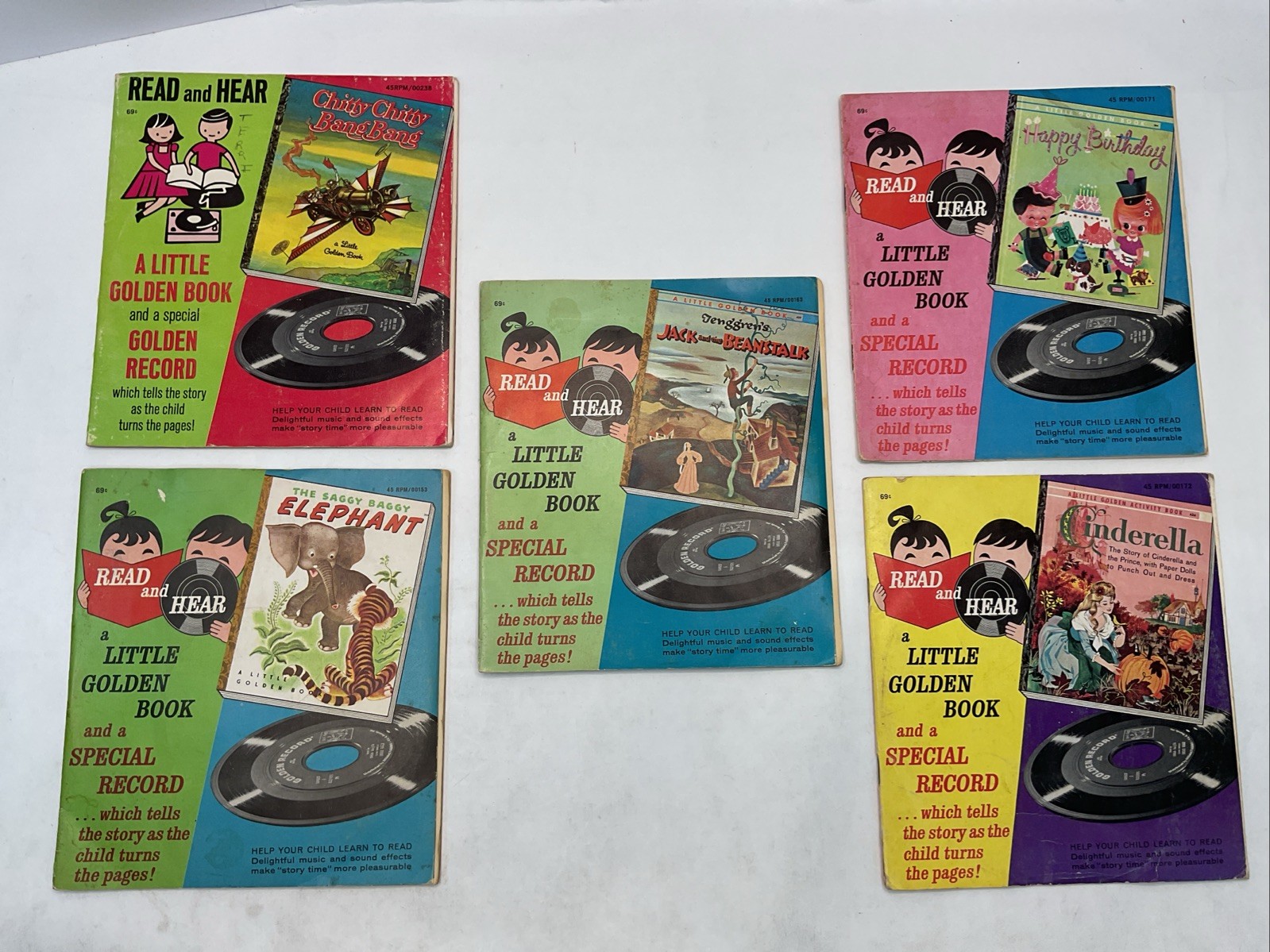 Vintage Little Golden Book & Record 45 RPM Lot of 5 Read Along Sets R02