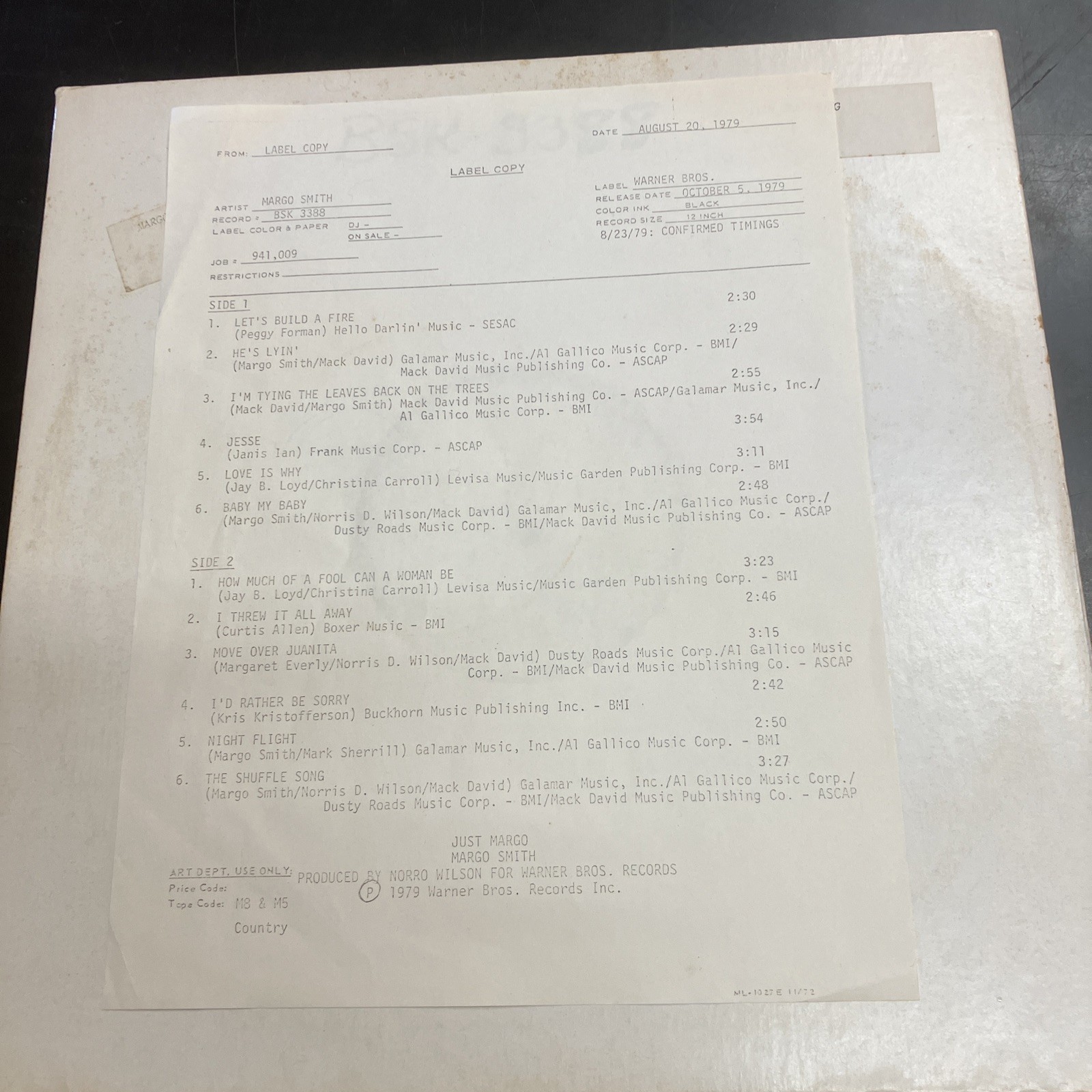 Margo Smith - Just Margo - 1979 - Rare Test Pressing Vinyl - VG++