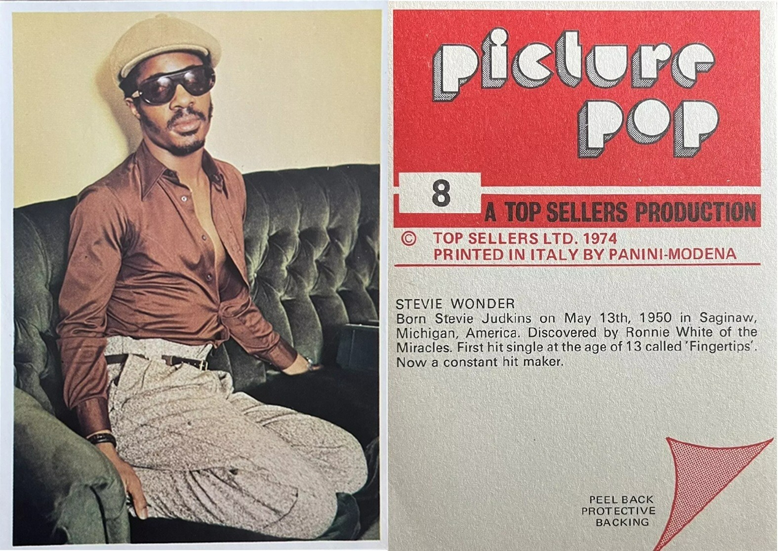 vintage 1974 Panini Picture Pop sticker - #8 Stevie Wonder