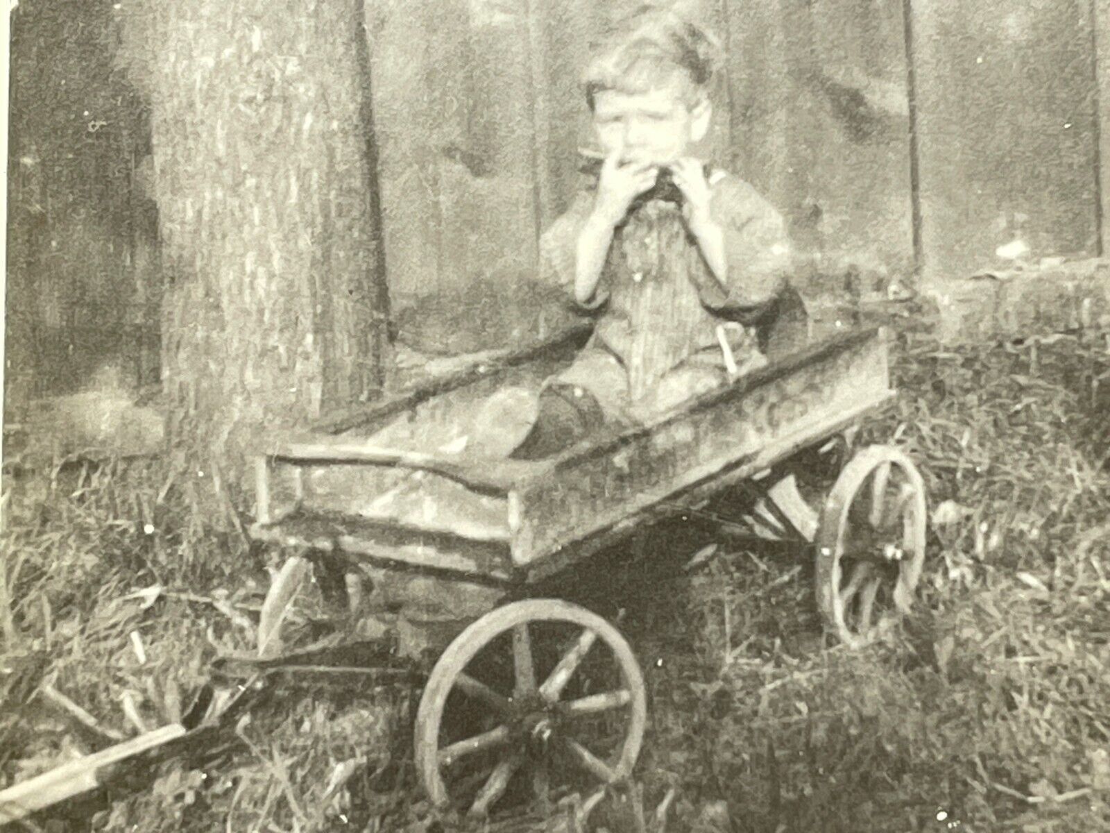 Zi Photograph Boy Toy Wagon Playing Harmonica 1920-30's
