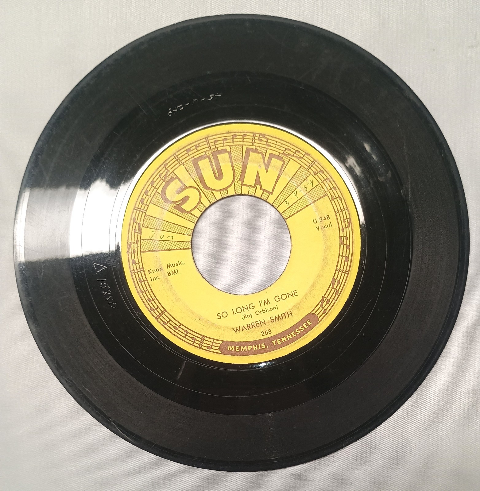 45 rpm rockabilly WARREN SMITH Miss Froggie/So Long I\'m Gone 1950s Sun 268 1957