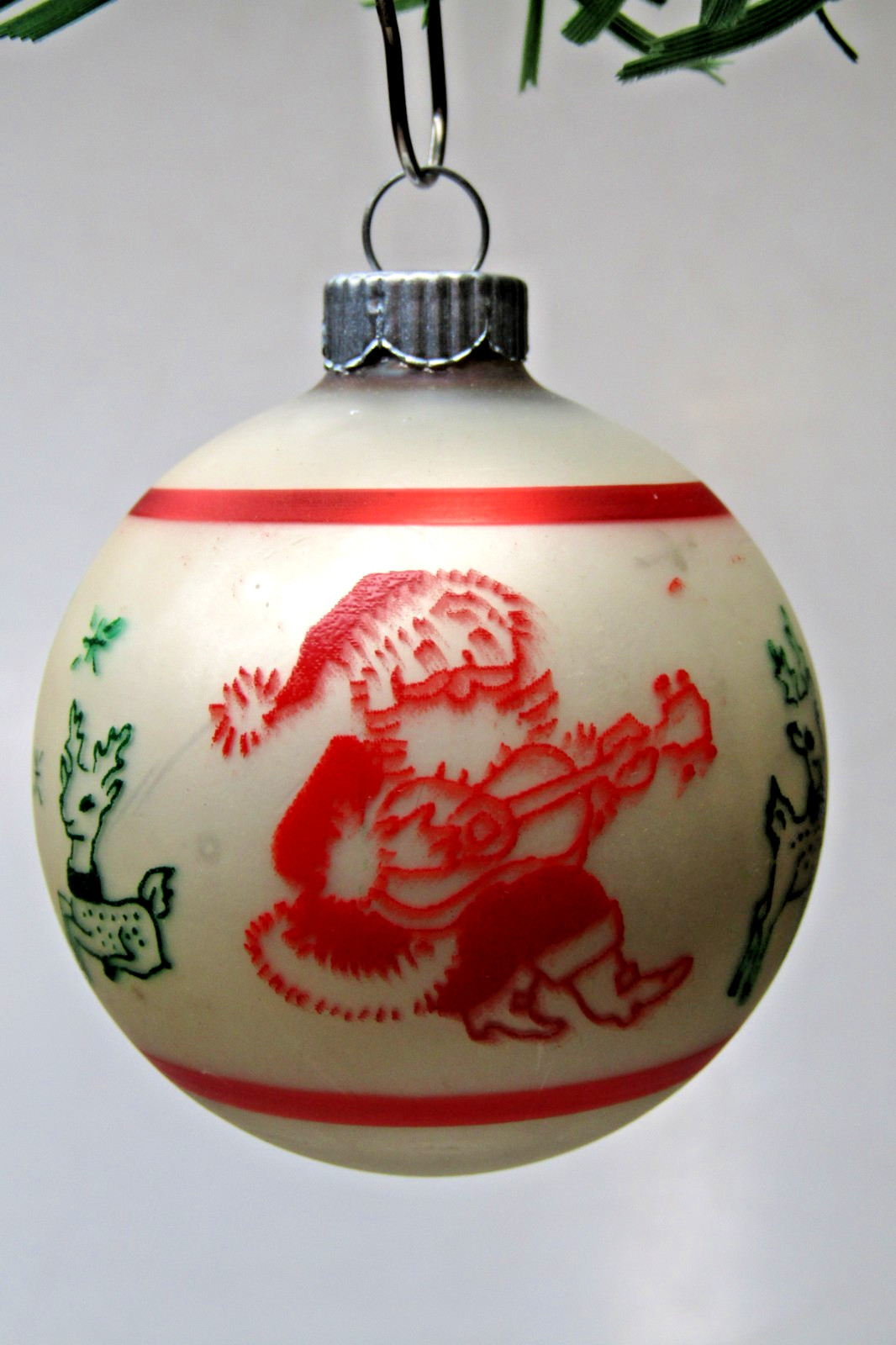 Vintage Glass SANTA w GUITAR HARMONICA  Pictured Christmas Ornament Shiny Brite